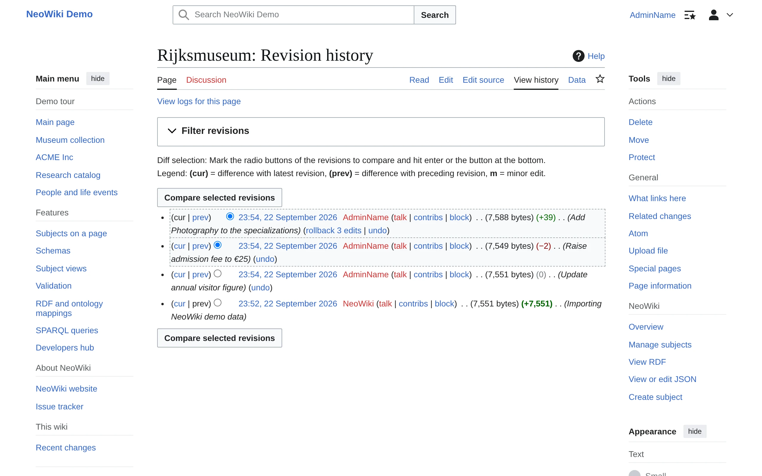 The revision history of a NeoWiki subject: each structured-data edit is a separate version attributed to an editor, with a timestamp and a descriptive summary (such as 'Raise admission fee to €25').